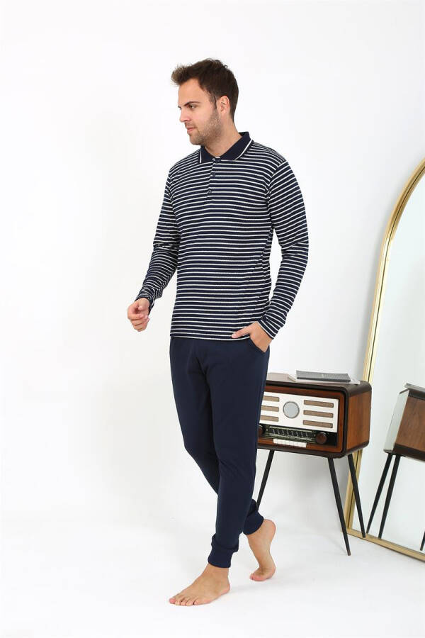 Men's Polo Neck Long Sleeve Cotton Pajama Set Navy - 12