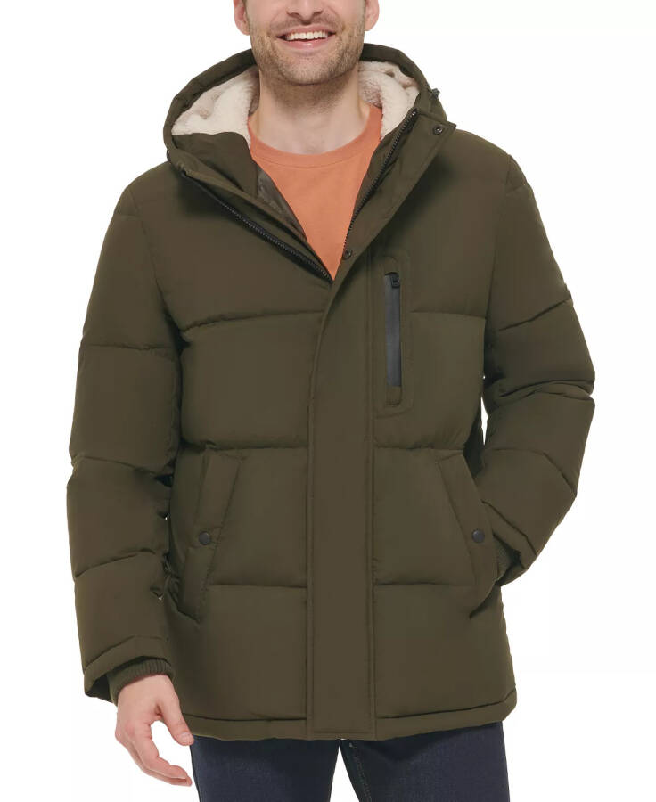 Men's Puffer Coat With Fleece-Lined Hood Olive - 1