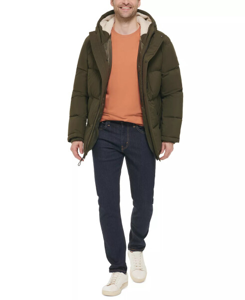 Men's Puffer Coat With Fleece-Lined Hood Olive - 4