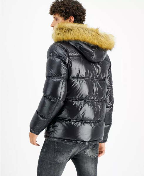 Men's Puffer Jacket With Faux Fur Hood Black - 2