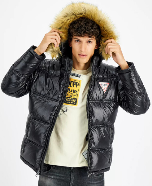 Men's Puffer Jacket With Faux Fur Hood Black - 3