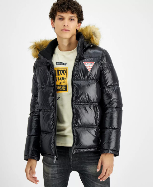 Men's Puffer Jacket With Faux Fur Hood Black - 1