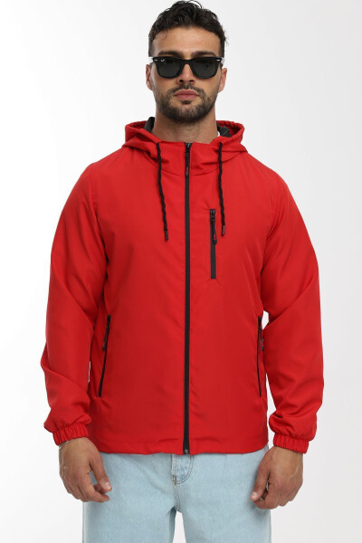 Men's Red Lined Waterproof Windproof Hooded Pocket Raincoat - 9