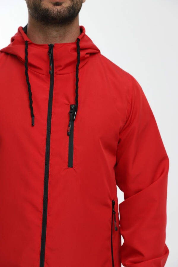 Men's Red Lined Waterproof Windproof Hooded Pocket Raincoat - 14