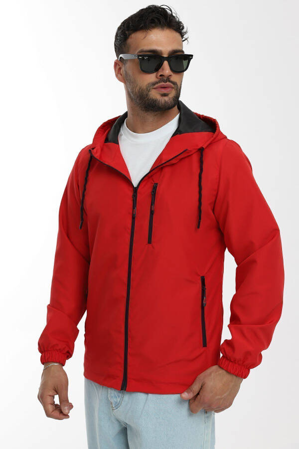 Men's Red Lined Waterproof Windproof Hooded Pocket Raincoat - 3