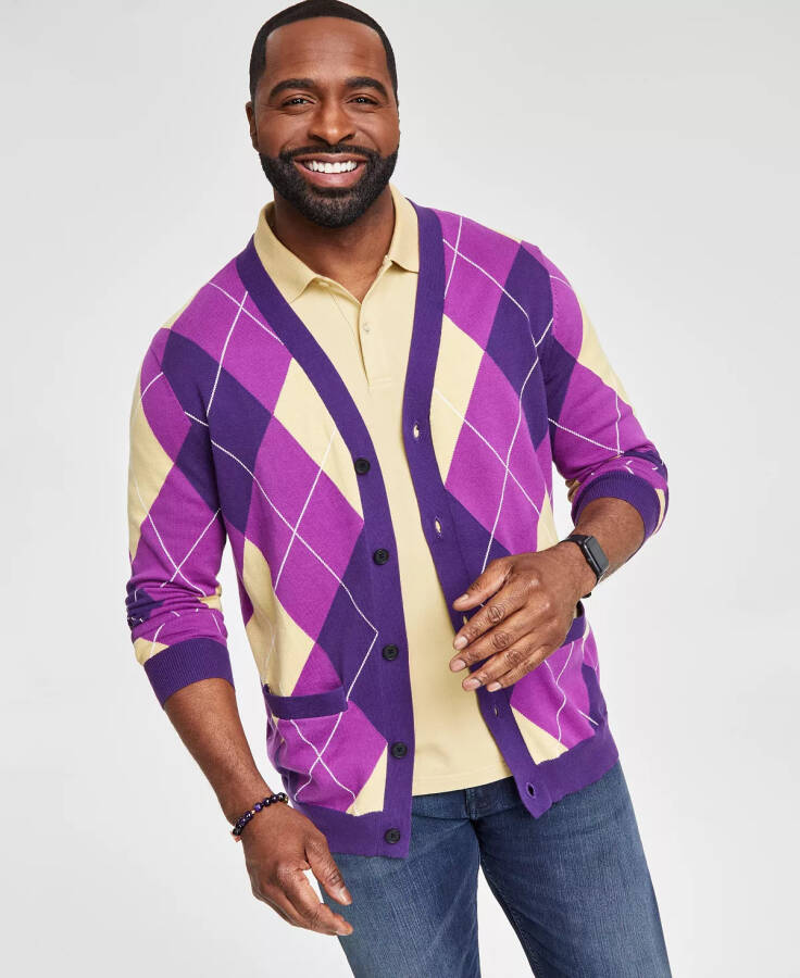 Men's Regular-Fit Argyle Cardigan, Created for Macy's Purple - 2