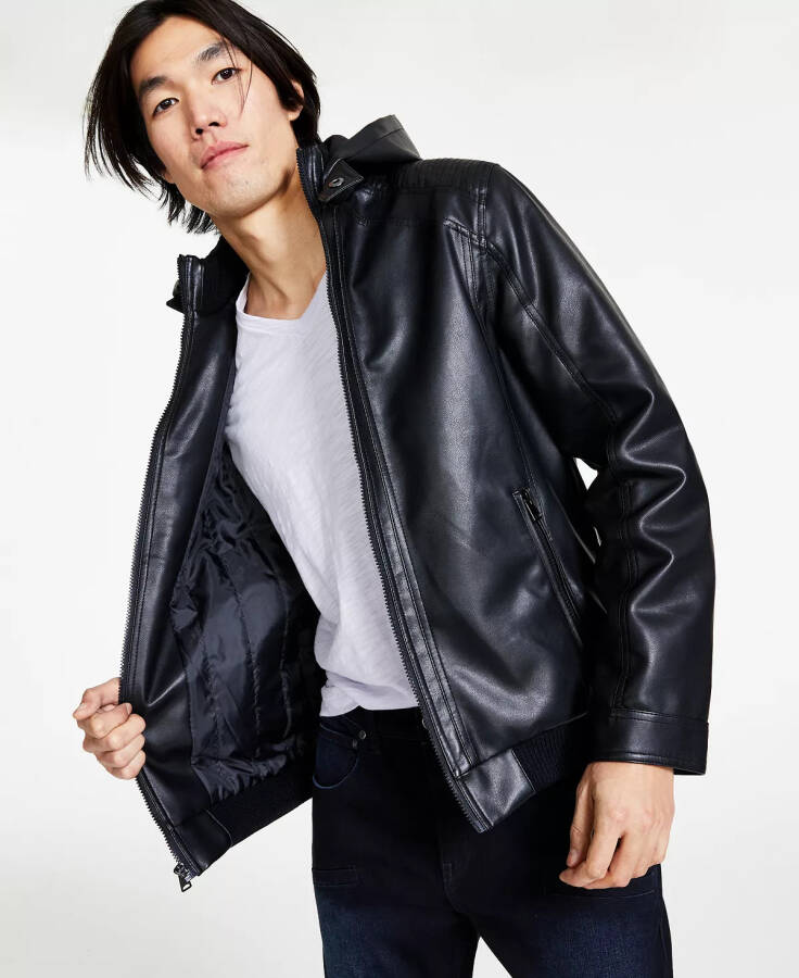 Men's Regular-Fit Faux-Leather Bomber Jacket with Removable Hood, Created for Macy's Deep Black - 1