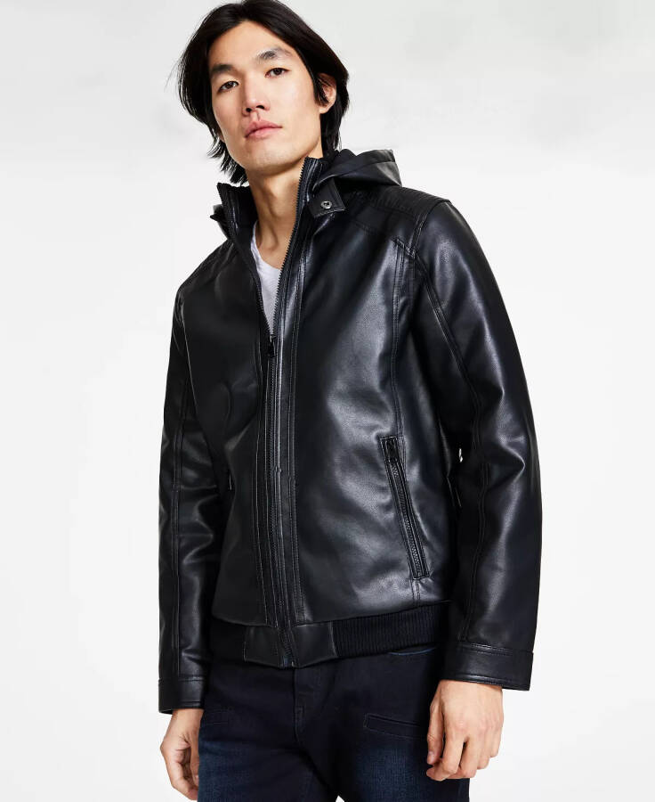 Men's Regular-Fit Faux-Leather Bomber Jacket with Removable Hood, Created for Macy's Deep Black - 3