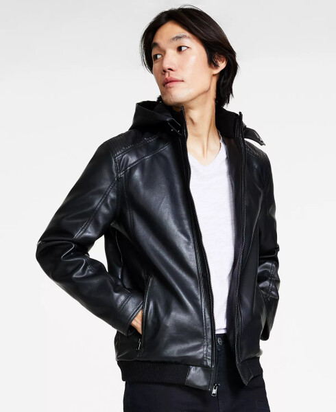 Men's Regular-Fit Faux-Leather Bomber Jacket with Removable Hood, Created for Macy's Deep Black - 4