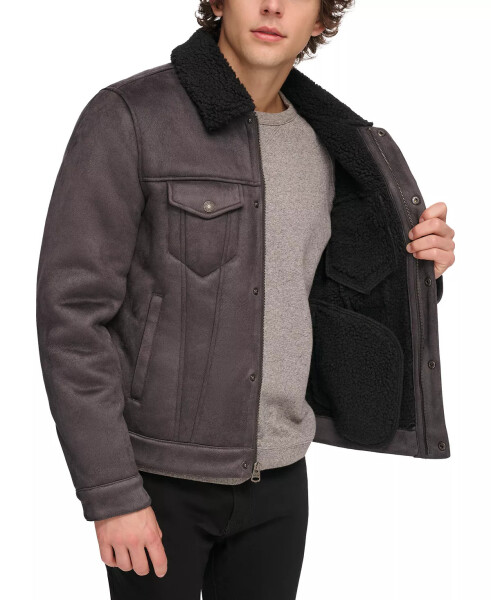 Men's Relaxed-Fit Faux-Shearling Trucker Jacket Black - 3