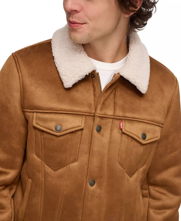 Men's Relaxed-Fit Faux-Shearling Trucker Jacket Brown - 4