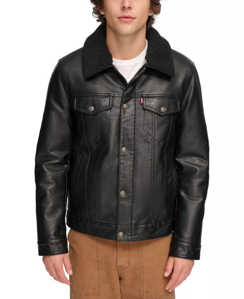 Men's Sherpa-Trim Faux-Leather Trucker Jacket Black - 1