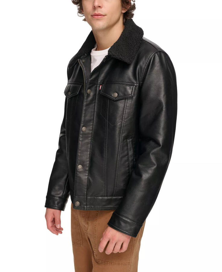 Men's Sherpa-Trim Faux-Leather Trucker Jacket Black - 3