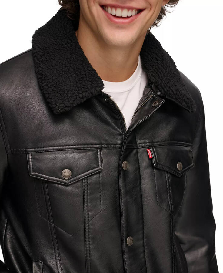 Men's Sherpa-Trim Faux-Leather Trucker Jacket Black - 4