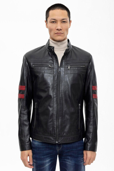 Men's short genuine leather jacket with zipper, red stripe, sporty lining. - 2