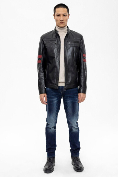 Men's short genuine leather jacket with zipper, red stripe, sporty lining. - 3