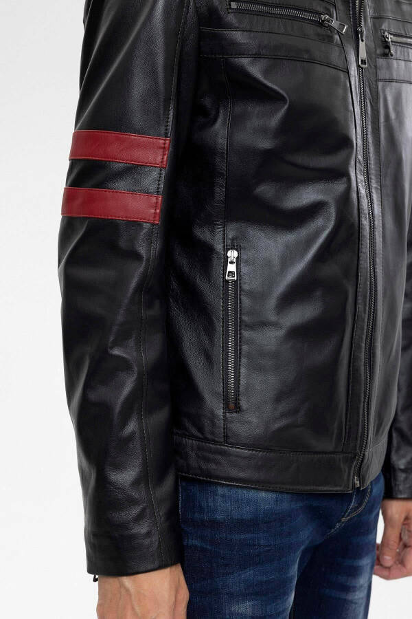 Men's short genuine leather jacket with zipper, red stripe, sporty lining. - 4