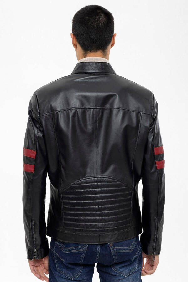 Men's short genuine leather jacket with zipper, red stripe, sporty lining. - 5