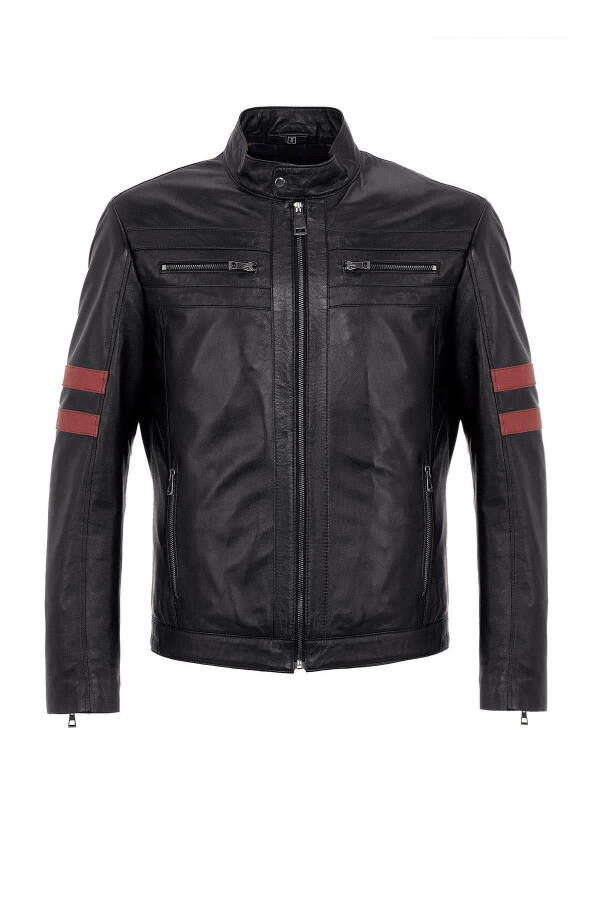 Men's short genuine leather jacket with zipper, red stripe, sporty lining. - 6