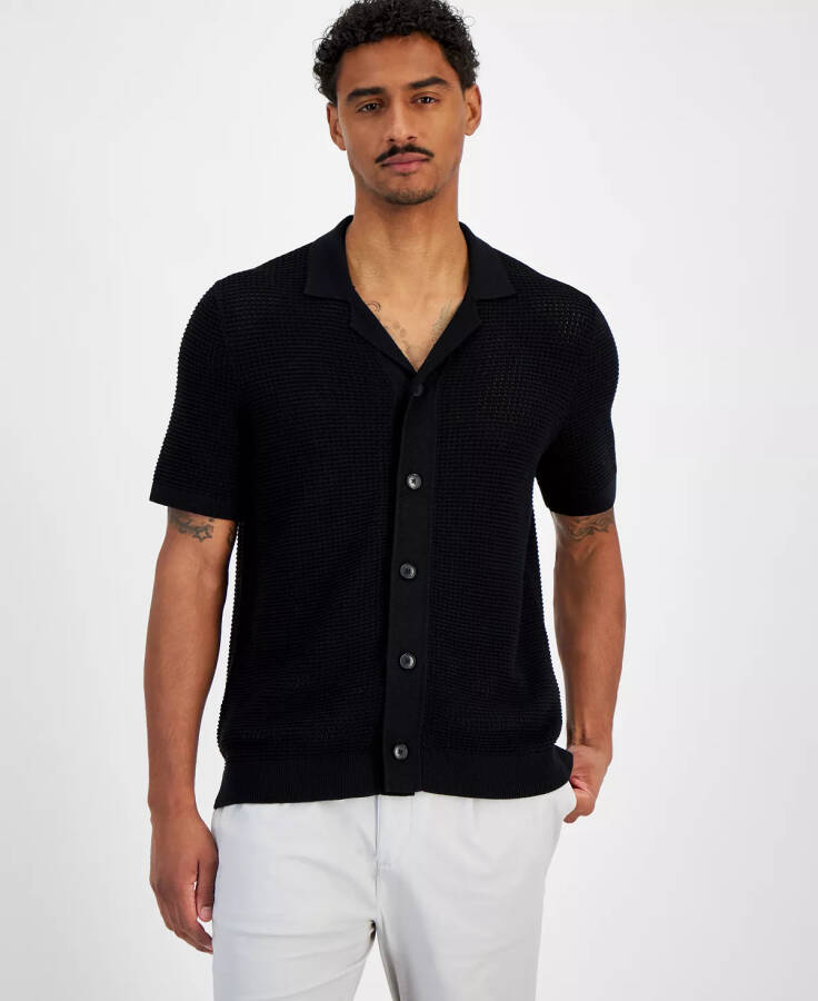 Men's Short Sleeve Button-Front Open Stitch Shirt Black - 1