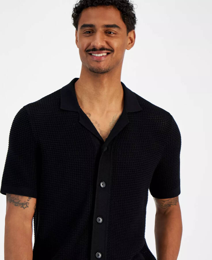 Men's Short Sleeve Button-Front Open Stitch Shirt Black - 3