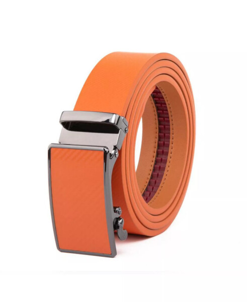 Men's Sliding Buckle Adjustable Leather Ratchet Belt Orange - 2