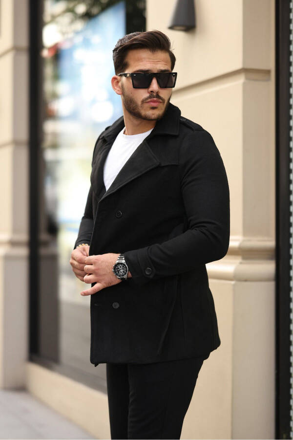 Men's Slim Fit Double Breasted Cashmere Coat Black - 2