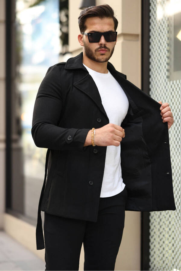 Men's Slim Fit Double Breasted Cashmere Coat Black - 3