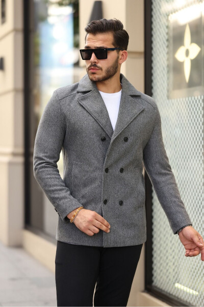 Men's slim fit double-breasted cashmere coat, medium gray - 1