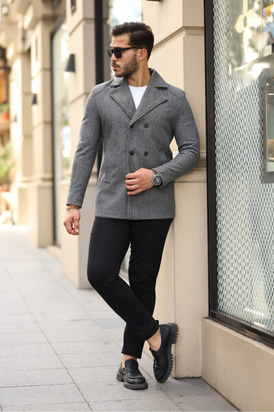 Men's slim fit double-breasted cashmere coat, medium gray - 2