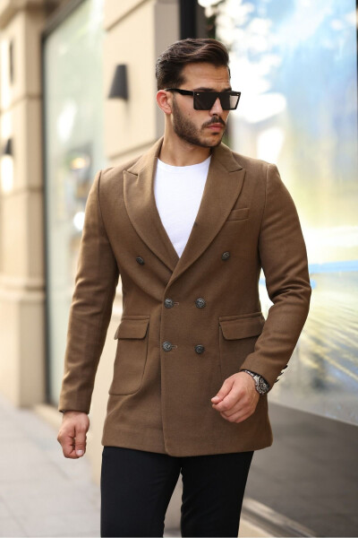 Men's Slim Fit Double-Breasted Tweed Coat Brown - 1