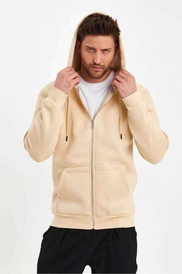 Men's Slim Fit Knit 3 Yarn Zippered Fleece Jacket Beige - 2