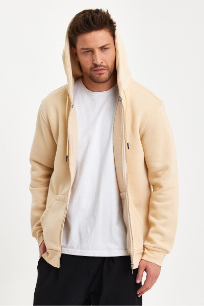 Men's Slim Fit Knit 3 Yarn Zippered Fleece Jacket Beige - 7