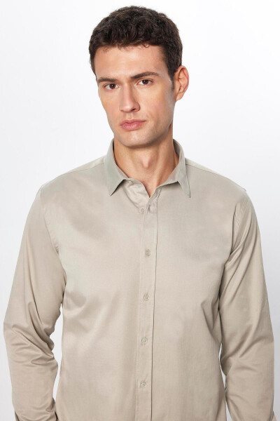 Men's Slim Fit Long Sleeve Cotton Satin Stone Color Shirt - 1