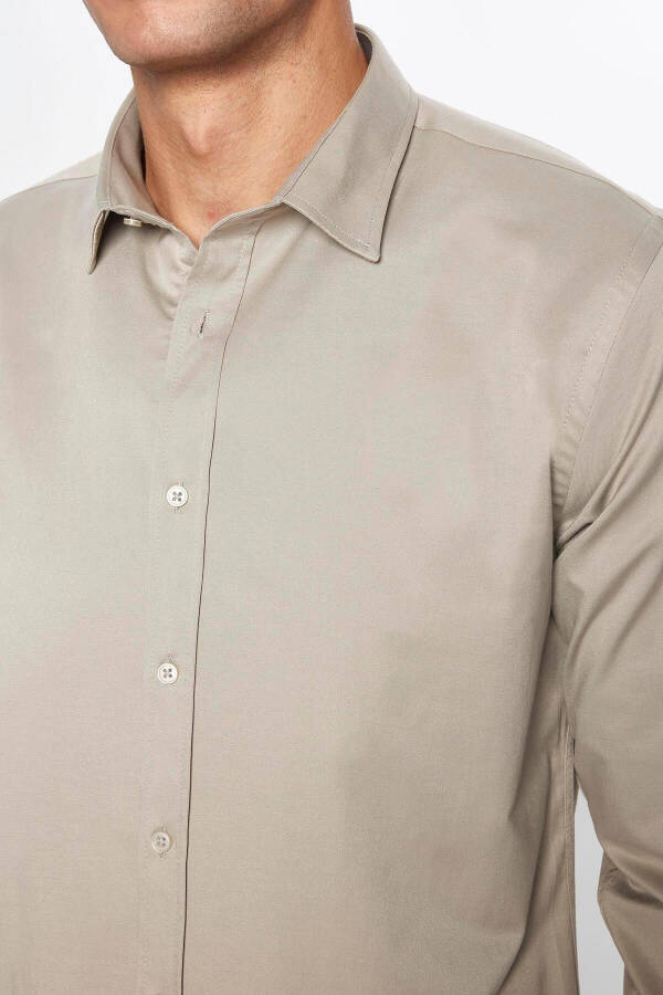 Men's Slim Fit Long Sleeve Cotton Satin Stone Color Shirt - 4