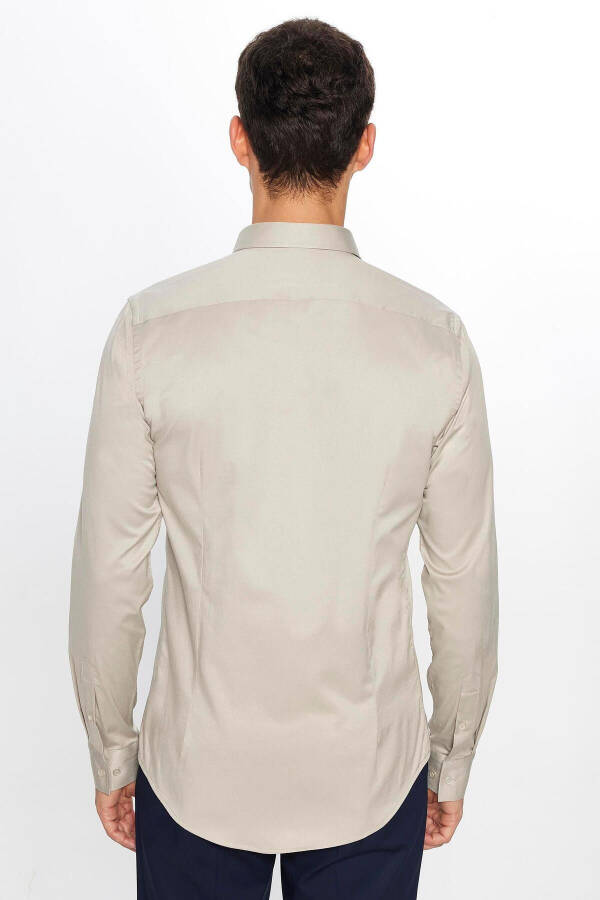 Men's Slim Fit Long Sleeve Cotton Satin Stone Color Shirt - 5