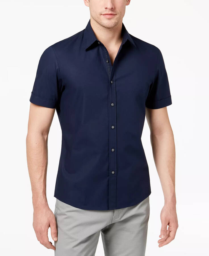 Men's Solid Stretch Button-Front Shirt - Dark Blue - 1