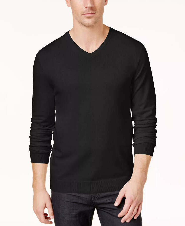 Men's Solid V-Neck Cotton Sweater, Created for Modazone Deep Black - 5