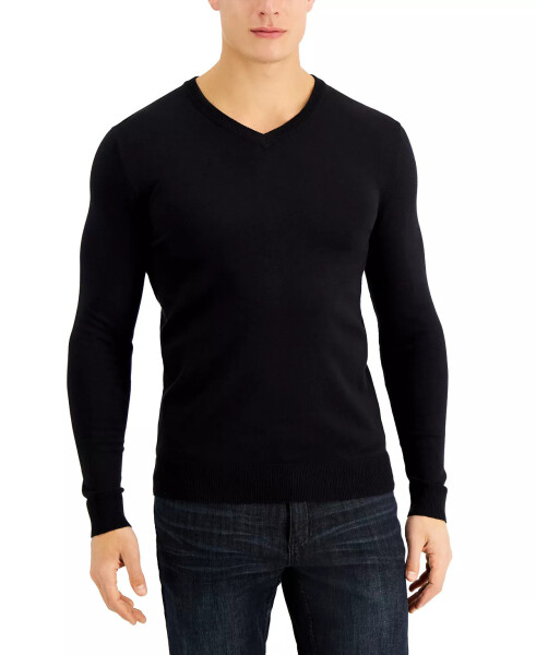 Men's Solid V-Neck Cotton Sweater, Created for Modazone Deep Black - 6