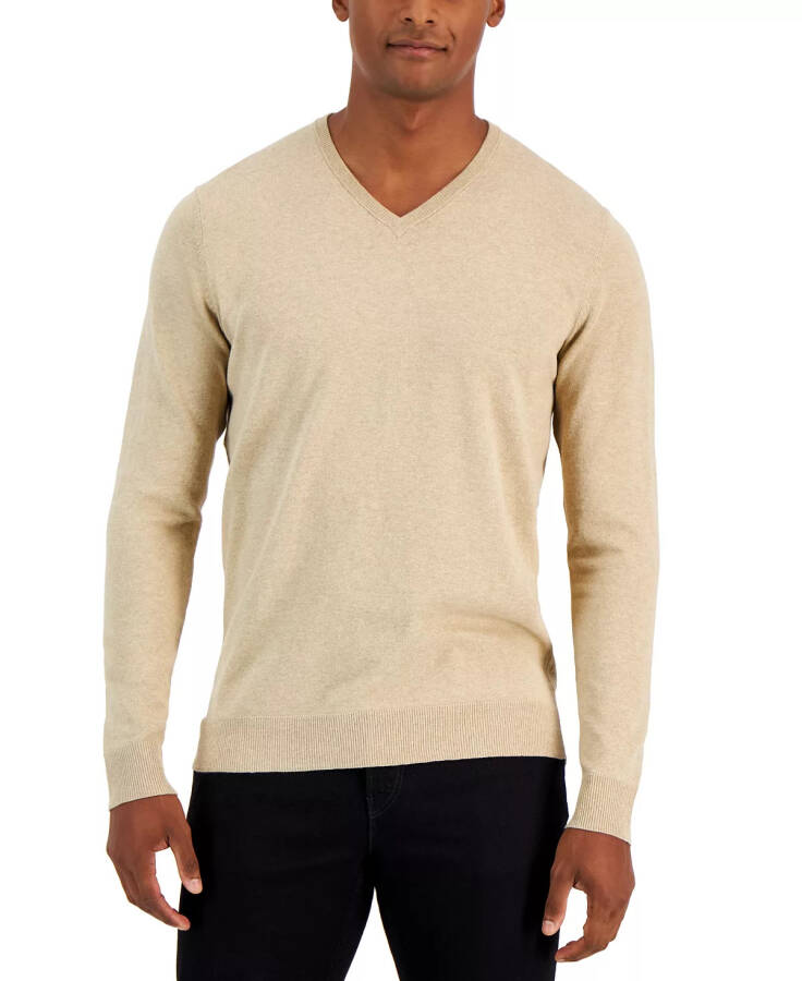 Men's Solid V-Neck Cotton Sweater, Created for Modazone Twill Heather - 1