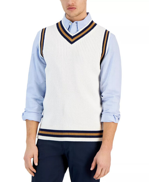 Men's Spliced V-Neck Striped-Trim Sweater Vest, Created for Macy's Winter Ivory - 1