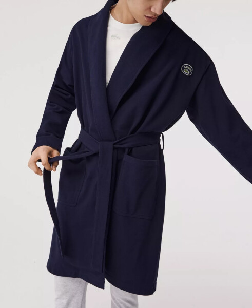 Men's Sport-Inspired Textured Badges Cotton Pique Bathrobe Navy Blue - 3