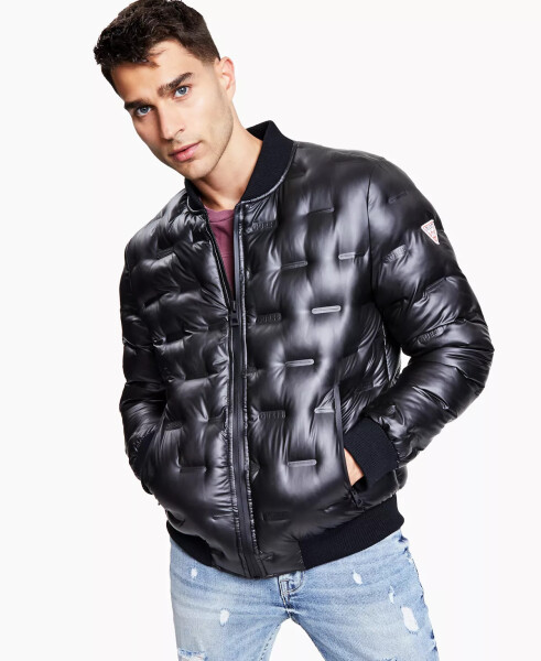 Men's Stamp Quilt Puffer Bomber Jacket Black - 1