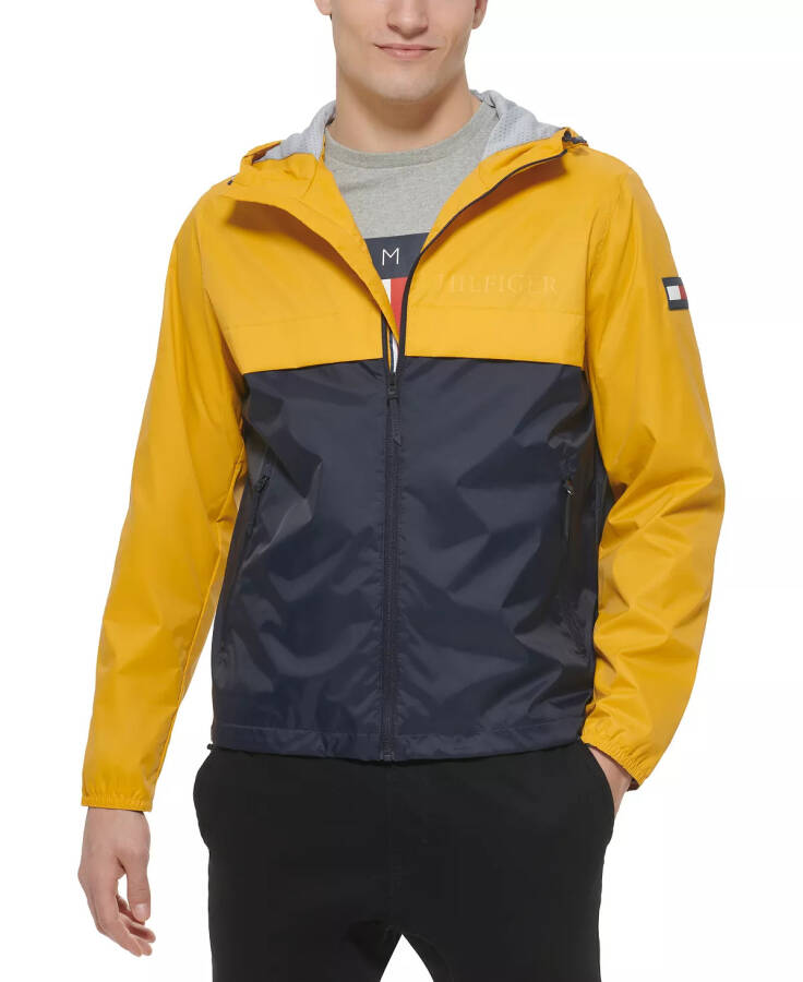 Men's Stretch Hooded Zip-Front Rain Jacket Yellow Navy - 1