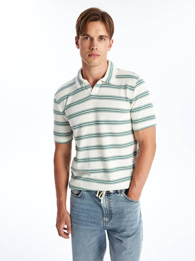 Men's Striped Cotton Polo Shirt with Short Sleeves - 1