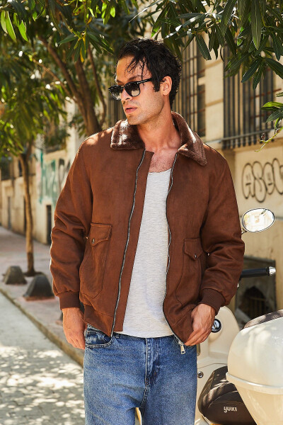 Men's suede jacket with fur collar - 3