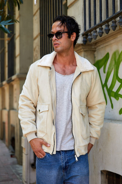 Men's suede jacket with fur collar - 1