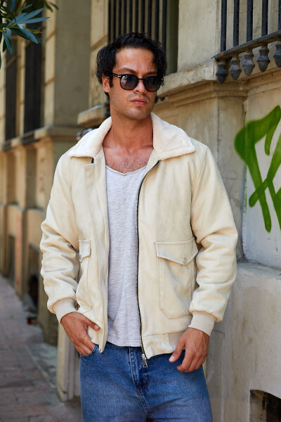 Men's suede jacket with fur collar - 5