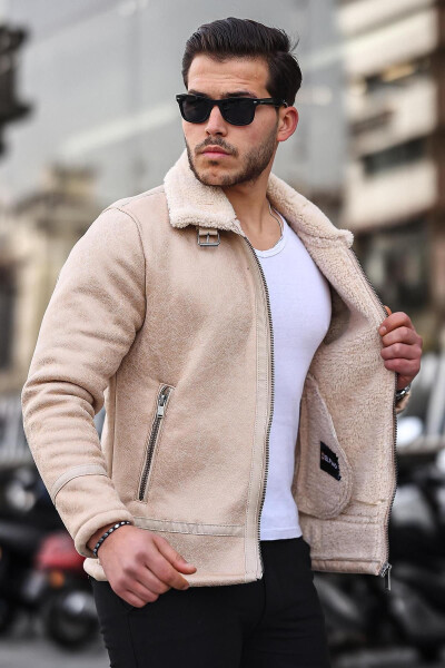 Men's Suede Leather Jacket with Fur - 1