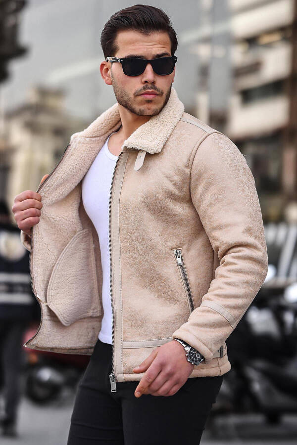 Men's Suede Leather Jacket with Fur - 4